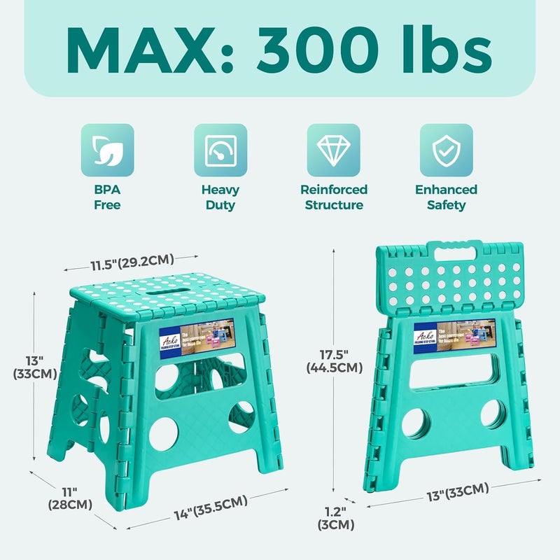 Acko Folding Step Stool 13 Inch, Sturdy Collapsible Step Stool Foldable Up to 300 lbs for Adults, Non Slip Lightweight Foot Stools with Handle, Ideal for Kitchen, Bathroom, Bedroom, Garden, Teal - Image 2
