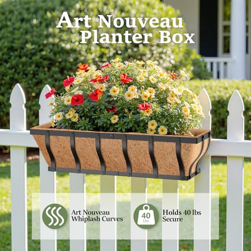 VOXOR Railing Planter Boxes, Heavy Duty Window Box Planters, Adjustable Balcony Planters for Railing Hanging, with Coco Liner & Support Rod for Deck, Porch, and Patio Gardening (2 Pack, 24 Inch) - Image 3