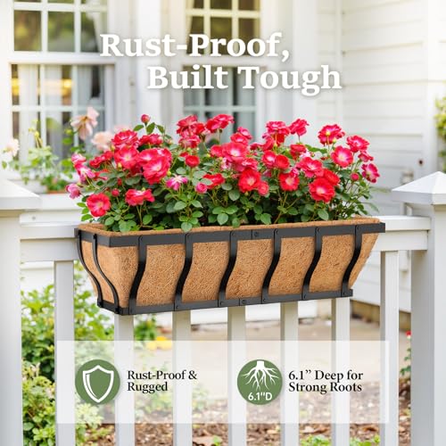 VOXOR Railing Planter Boxes, Heavy Duty Window Box Planters, Adjustable Balcony Planters for Railing Hanging, with Coco Liner & Support Rod for Deck, Porch, and Patio Gardening (2 Pack, 24 Inch) - Image 4