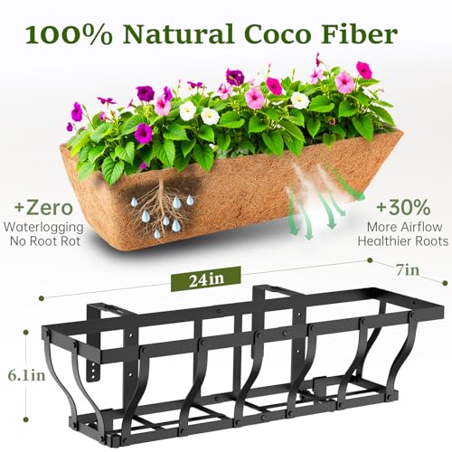 VOXOR Railing Planter Boxes, Heavy Duty Window Box Planters, Adjustable Balcony Planters for Railing Hanging, with Coco Liner & Support Rod for Deck, Porch, and Patio Gardening (2 Pack, 24 Inch) - Image 2