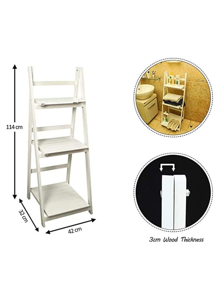 Wooden Folding Plant Stand And Bookshelf – Multi-Tiered Flower Pot Display Rack And Storage Organizer – Space-Saving Design For Plants, Books, And Decor (White ( 3 Floor Stand))