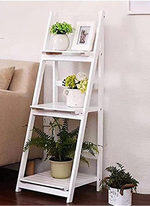 Wooden Folding Plant Stand And Bookshelf – Multi-Tiered Flower Pot Display Rack And Storage Organizer – Space-Saving Design For Plants, Books, And Decor (White ( 3 Floor Stand))
