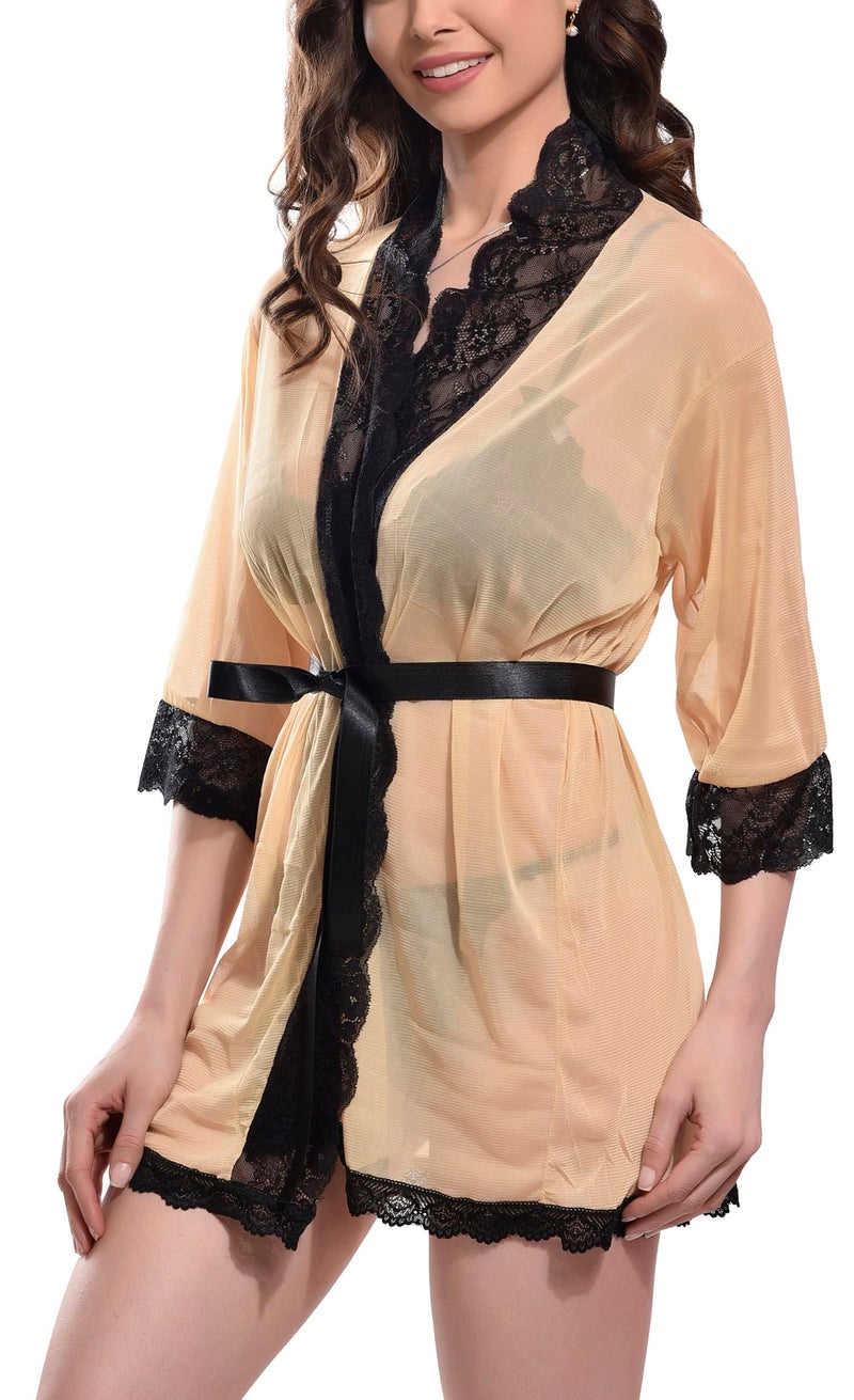 Xs and Os Women's Belted Robe with Peek-a-Boo Lace Bra Panty Lingerie Set (Medium, Latte, Black) - Image 3