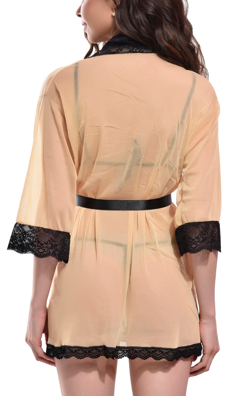 Xs and Os Women's Belted Robe with Peek-a-Boo Lace Bra Panty Lingerie Set (Medium, Latte, Black) - Image 4
