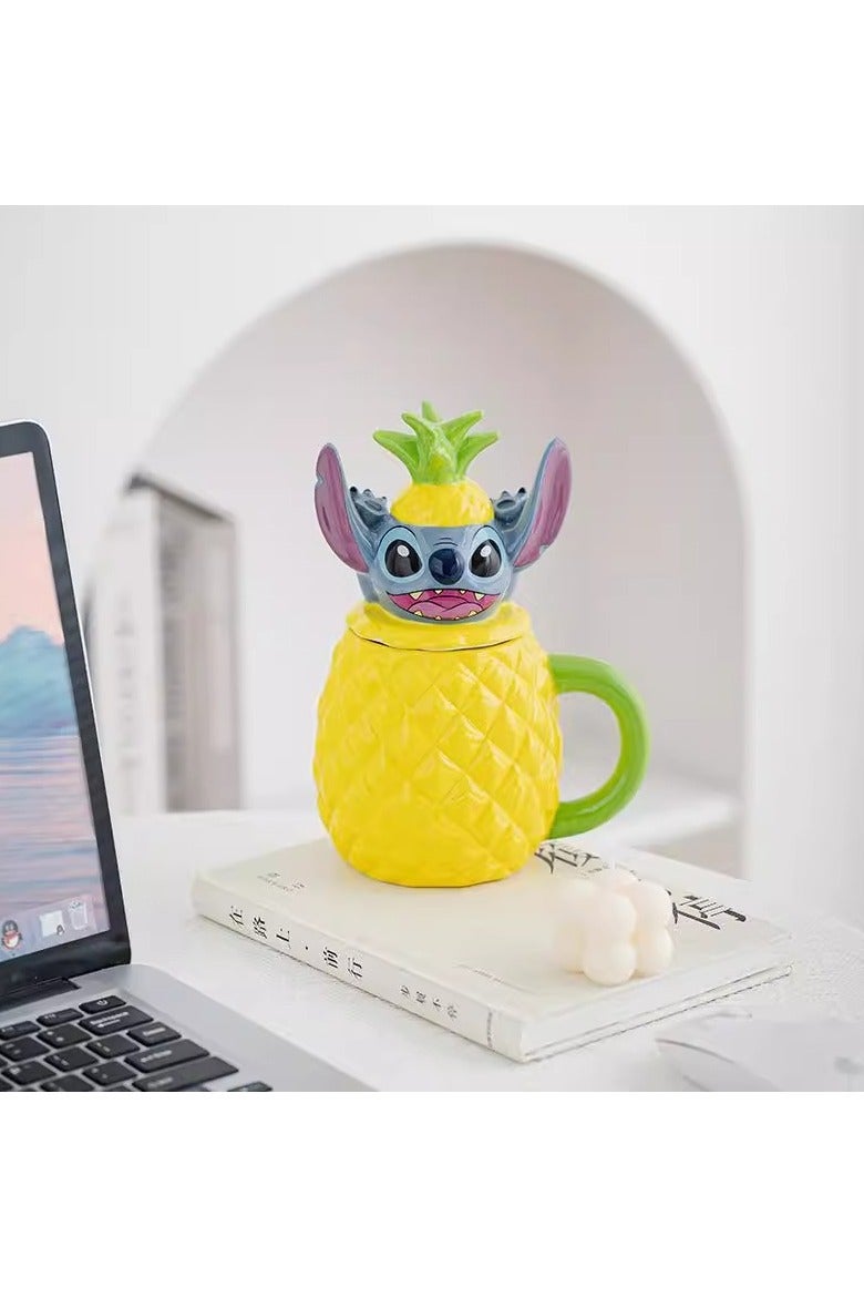 general Stitch pineapple water cup ceramic cartoon cup Stitch office cup with lid cup to meet daily drinking needs - Image 1