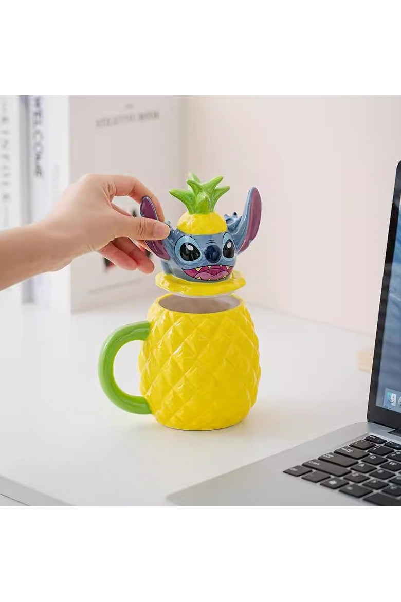 general Stitch pineapple water cup ceramic cartoon cup Stitch office cup with lid cup to meet daily drinking needs - Image 2