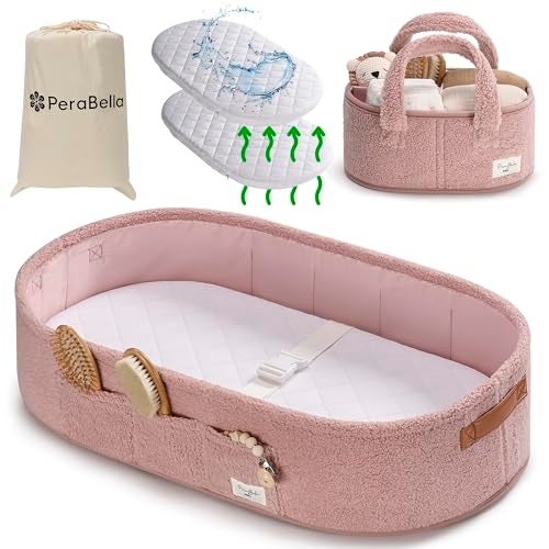 PeraBella Baby Changing Basket for Dresser Top, Baby Moses Basket for Newborn, Portable Diaper Changing Pad Table Topper for Dresser, Includes Diaper Caddy Organizer with Handle, Moses Bassinet Mat - Image 1