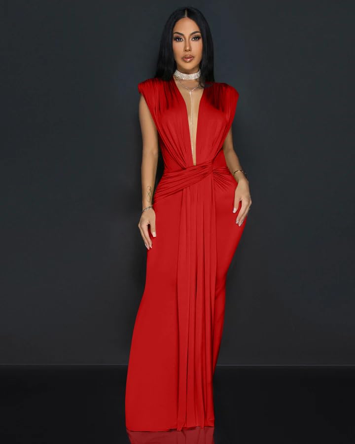 Memoriesea Women's Elegant Sleeveless Deep V Neck Bodycon Party Evening Gown Maxi Dress Red - Image 4