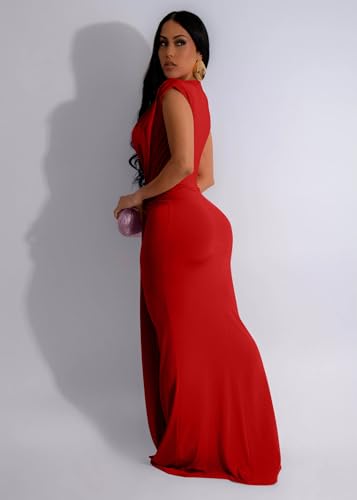 Memoriesea Women's Elegant Sleeveless Deep V Neck Bodycon Party Evening Gown Maxi Dress Red - Image 3