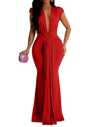 Memoriesea Women's Elegant Sleeveless Deep V Neck Bodycon Party Evening Gown Maxi Dress Red - Image 1