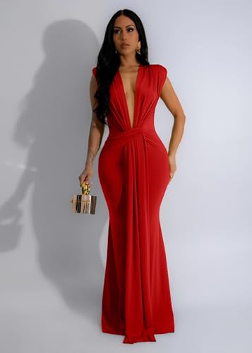 Memoriesea Women's Elegant Sleeveless Deep V Neck Bodycon Party Evening Gown Maxi Dress Red - Image 2