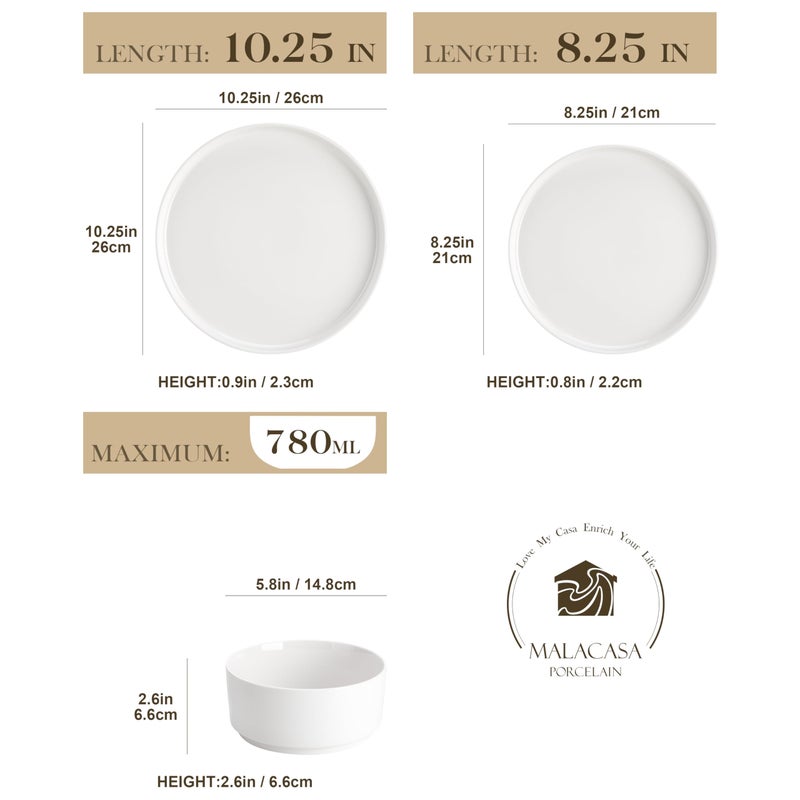 MALACASA 12 Pieces Porcelain Dinnerware Set, Modern White Dish Set for 4, Premium Serving Plates and Bowls Sets, Chip and Scratch Resistant Dishware Sets Kitchen Dishes Dining Ware Set, Series LEAH - Image 2