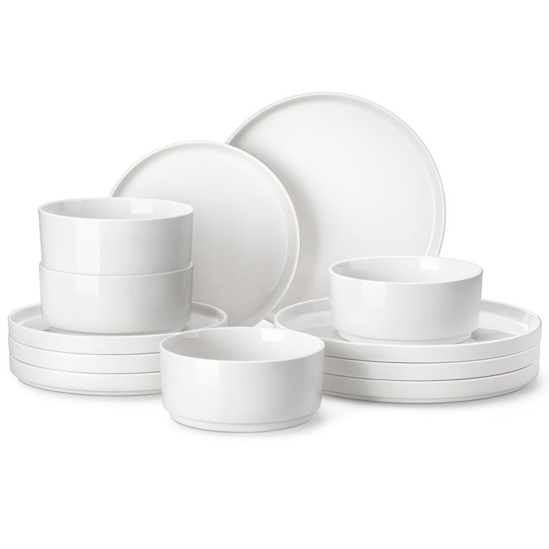MALACASA 12 Pieces Porcelain Dinnerware Set, Modern White Dish Set for 4, Premium Serving Plates and Bowls Sets, Chip and Scratch Resistant Dishware Sets Kitchen Dishes Dining Ware Set, Series LEAH - Image 1