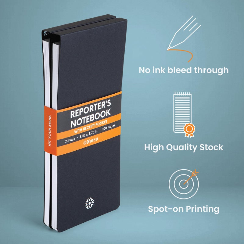 Notsu Reporter's Notebooks 2-Pack | Black Pocket Spiral Reporter Notepads for Journalist, Police, Detective, Field Note Taking | 100 Pages of 120 gsm Thick Paper, 3.75" x 8.25" - Image 2