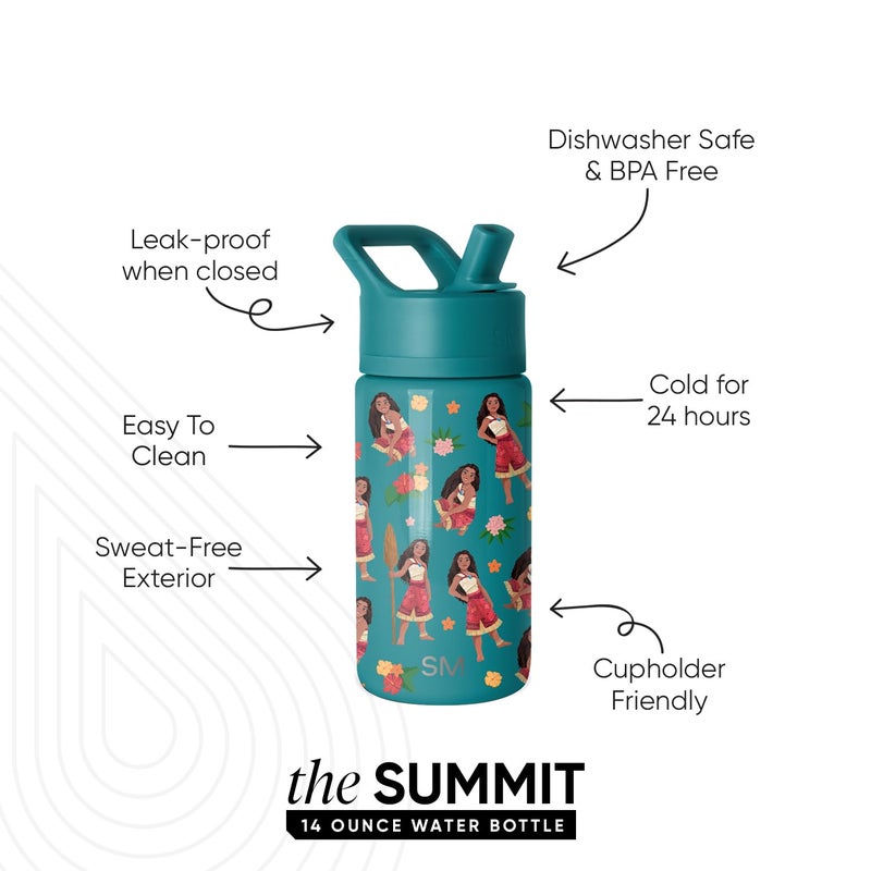 Simple Modern زجاجة ماء بسيطة عصرية للأطفال مع غطاء قشة | ديزني موانا 14oz كوب من الفولاذ المقاوم للصدأ معزول للفتيات، المدرسة | موانا أوشيانا - Image 2