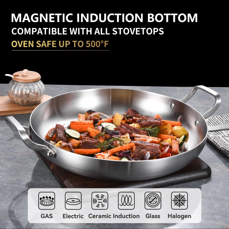 Inqibee 14 Inch Tri-Ply Stainless Steel Paella Pan with Lid,Large Skillet,Omelet,Griddle,Induction Cooking Pan,Dishwasher and Oven Safe. - Image 3