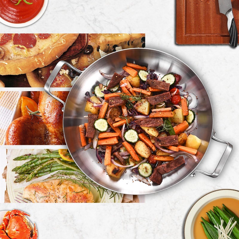 Inqibee 14 Inch Tri-Ply Stainless Steel Paella Pan with Lid,Large Skillet,Omelet,Griddle,Induction Cooking Pan,Dishwasher and Oven Safe. - Image 5