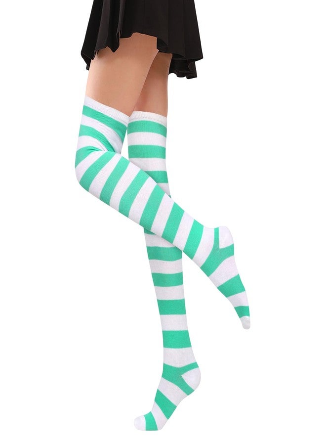 Violet Mist Striped Thigh High Socks Over The Knee High Socks for Women Extra Long Cotton Colorful Boot Stockings Programming Cosplay Leg Warmers, Green and White - Image 2