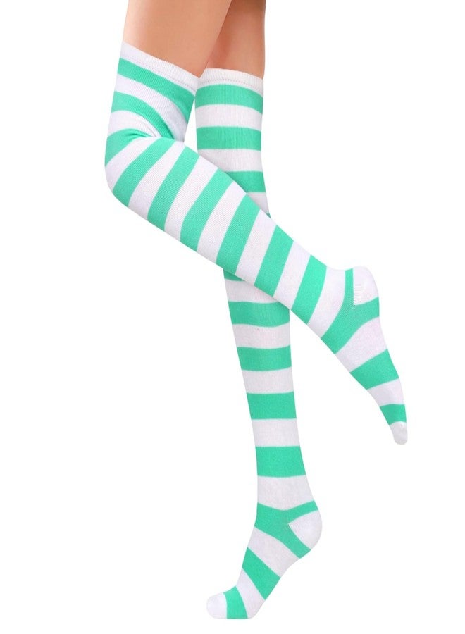 Violet Mist Striped Thigh High Socks Over The Knee High Socks for Women Extra Long Cotton Colorful Boot Stockings Programming Cosplay Leg Warmers, Green and White - Image 1