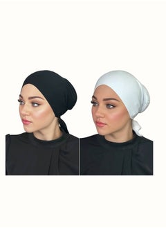 Perfectory PERFECTORY Jersey Bonnet Tie-Back Caps Under Scarf Head Wraps for Women Turban Hat Lightweight and Comfortable-Black & White Set  - Image 1