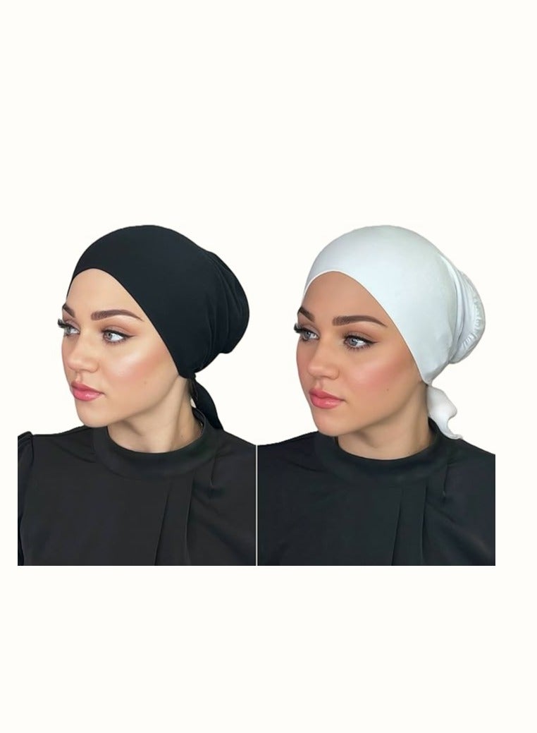 برفكتوري قبعات جيرسي بونيه برباط خلفي تحت وشاح أغطية الرأس للنساء قبعة عمامة خفيفة الوزن ومريحة - مجموعة باللونين الأسود والأبيض - Image 1