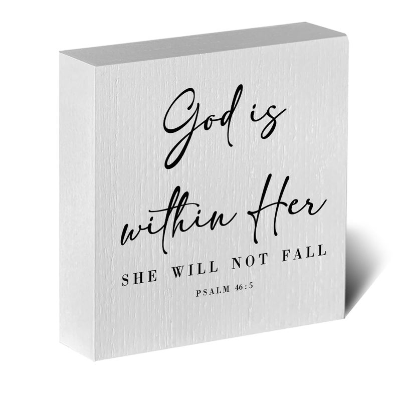 ENGVZ God Is Within Her Bible Verse Artwork Wooden Box Sign Rustic Farmhouse Style Psalm 46:5 Christian Wood Block Plaque 5 X 5 Inches Home Office Desk Sign Decor for Gifts - Image 1
