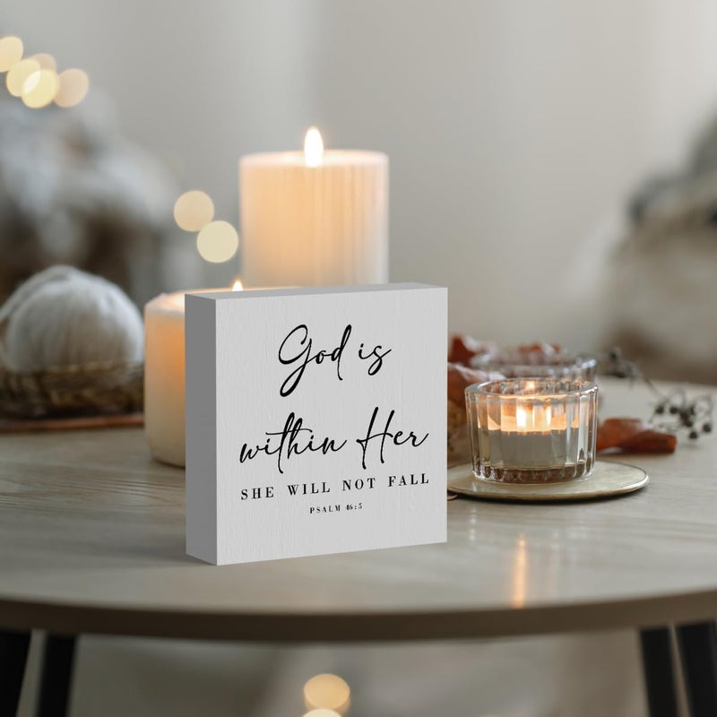 ENGVZ God Is Within Her Bible Verse Artwork Wooden Box Sign Rustic Farmhouse Style Psalm 46:5 Christian Wood Block Plaque 5 X 5 Inches Home Office Desk Sign Decor for Gifts - Image 5