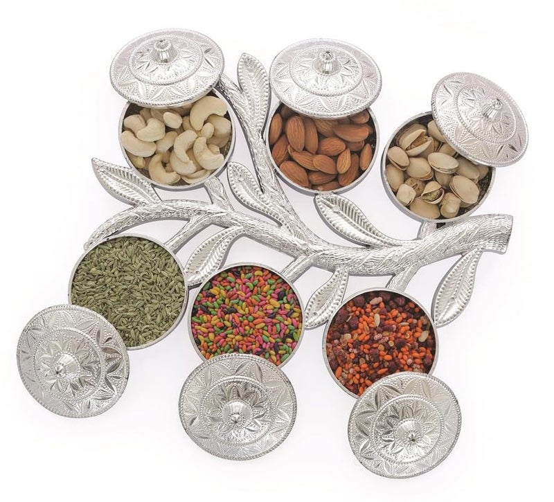 KHUSHIYA ENTERPRISE KHUSHIYA ENTERPRISE Multipurpose Tree Shape Dry Fruit Serving Tray Traditional Design 6-Section Mukhwas Dani Silver Finish Plastic Serving Platters  - Image 1