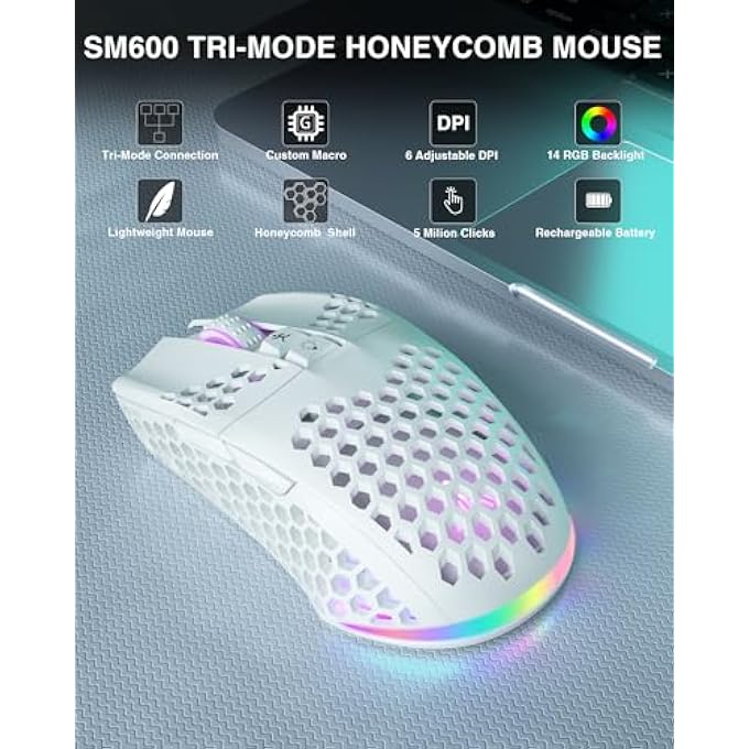 rayihni SM600 WHITE WIRELESS GAMING MOUSE,TRI-MODES BT5.1/TYPE-C WIRED/2.4G WIRELESS MOUSE WITH 2 SIDE BUTTONS, PROGRAMMABLE MACRO GAMER MOUSE WITH RGB LIGHT FOR LAPTOP/PC/MAC - Image 2