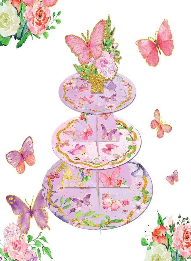 CC HOME Butterfly Cupcake Stand 3 Tier Cake Stand for Kids Birthday Party Decorations Floral Theme Baby Shower Supplies - Image 1