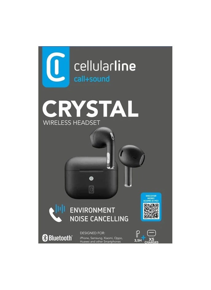 Cellularline - CRYSTAL Bluetooth earphones with Environment Noise Cancelling technology, clear sound, and 14 hour battery life with the charging Case. in Black color. - Image 1