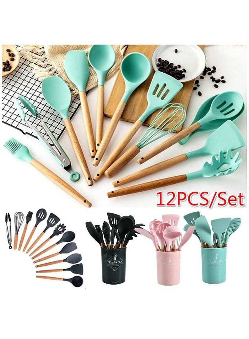 توشيونيكس 12 قطعة سيليكون الطبخ أواني المطبخ مجموعة مقاومة للحرارة غير سامة خالية من BPA مقابض خشبية أدوات مجموعة أدوات لأدوات الطهي غير لاصقة - Image 2