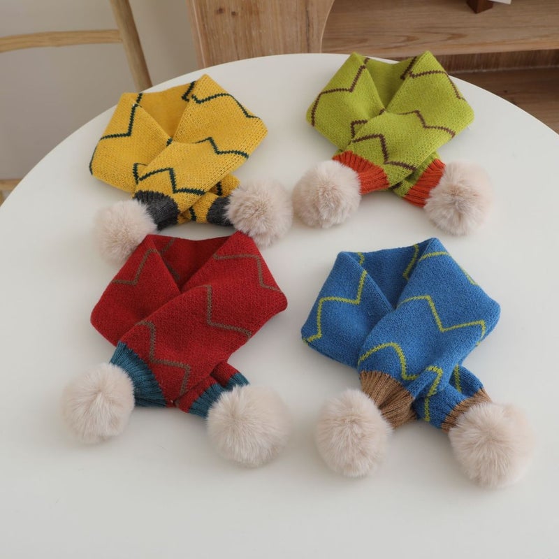 Baby Wool Scarf Korean Style Trendy Cute Fur Ball Cross Neck Warmer Knitted Boys And Girls Cold-Proof Neck Cover Trendy - Image 3