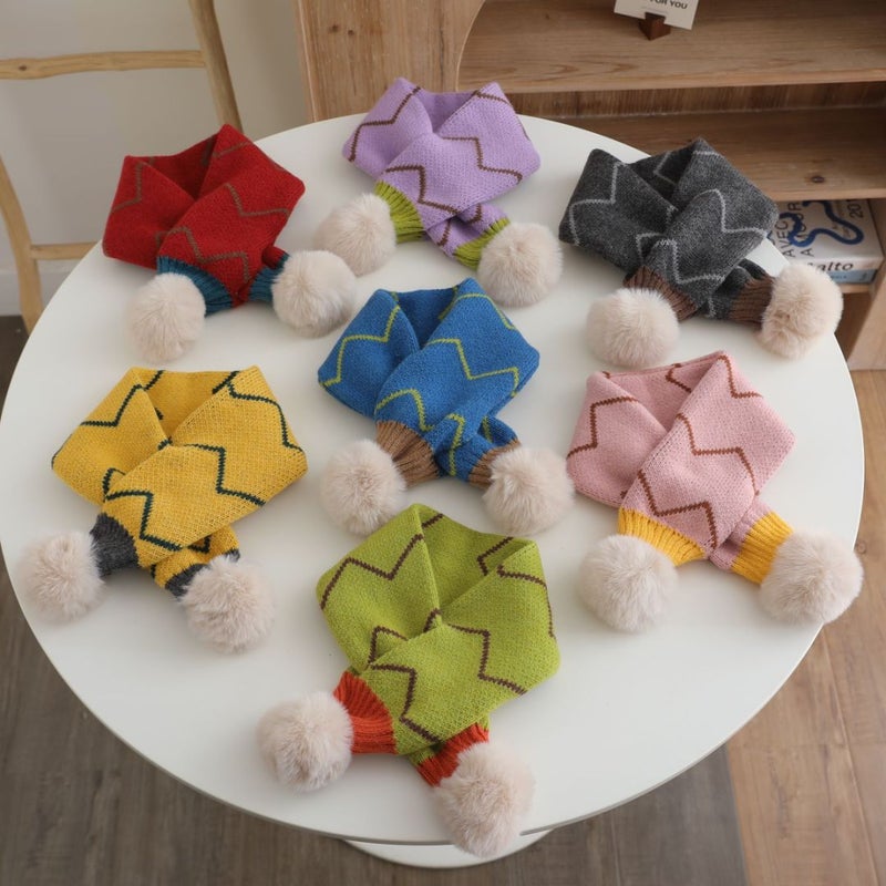 Baby Wool Scarf Korean Style Trendy Cute Fur Ball Cross Neck Warmer Knitted Boys And Girls Cold-Proof Neck Cover Trendy - Image 2