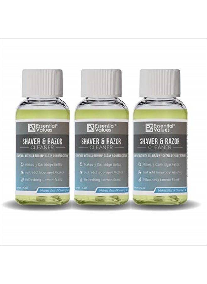 Essential Values Electric Shaver Cleaning Solution - Compatible with Braun Clean & Renew Refill Cartridges - 3 Bottles, Makes 9 Refills - Made in USA  - Image 1