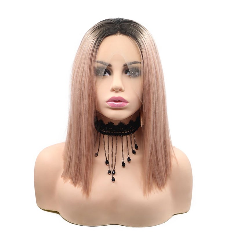 Melody 14 Pink Ombre Short Straight Synthetic Lace Front Wigs With Dark Roots Peach Pink Bob Hairstyle Heat Resistant Fiber for Women