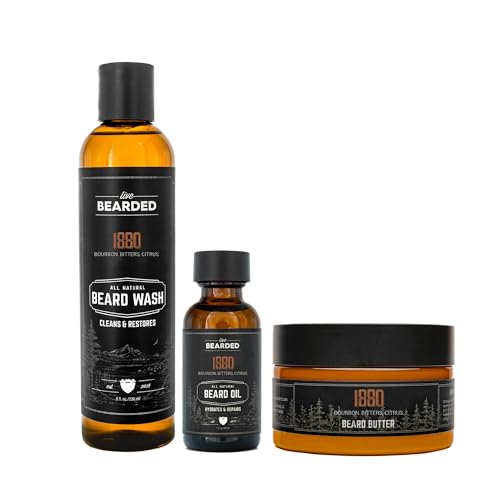 Live Bearded 3Step Beard Grooming Kit  Wash Oil and Butter  Made in the USA  AllNatural Ingredients with Shea Jojoba  Growth Support  1880 Scent  Bourbon Bitters Citrus