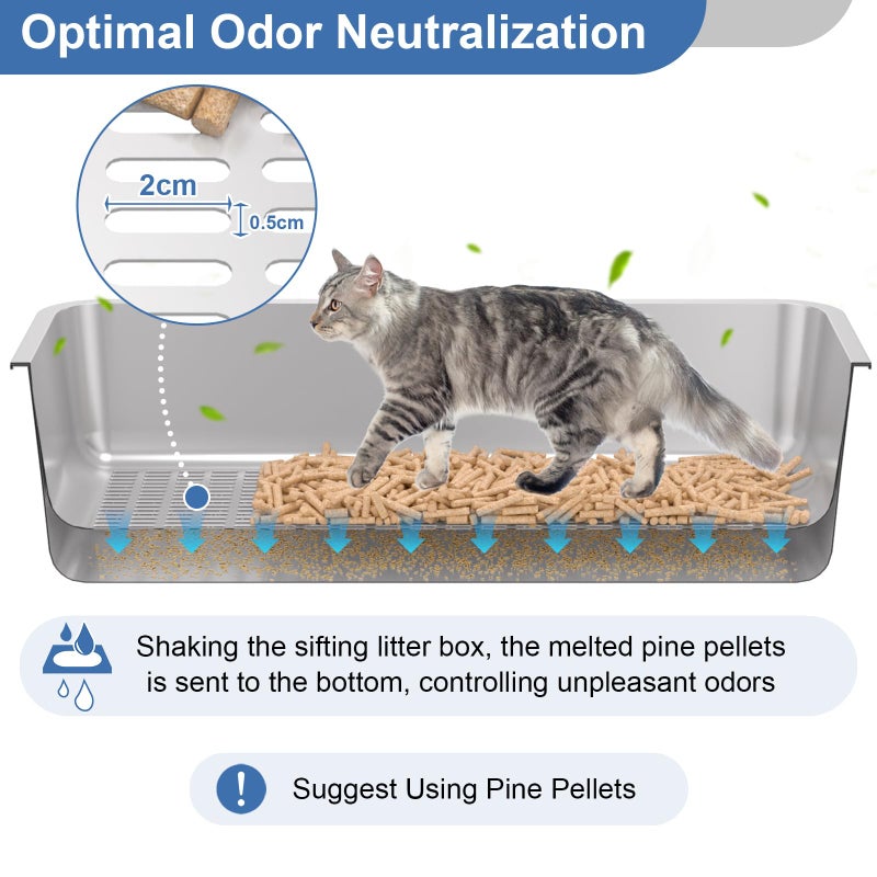 Yoochee Stainless Steel Sifting Litter Box with Lid, XL Extra Large Sifting Cat Litter Box for Pine Pellets & Big Cats,Metal Pellet Sifter Litter Pan System for Odor Control,Sifting Box Liners & Scoop - Image 3