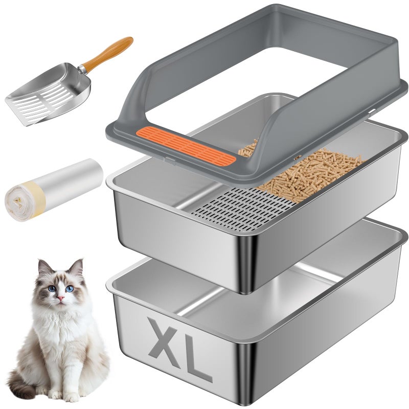 Yoochee Stainless Steel Sifting Litter Box with Lid, XL Extra Large Sifting Cat Litter Box for Pine Pellets & Big Cats,Metal Pellet Sifter Litter Pan System for Odor Control,Sifting Box Liners & Scoop - Image 1