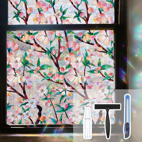 Ohhvvow Peach Blossom Stained Glass Window Film Static Cling with Tools - 17.5 x 78.7 Inch Non-Adhesive Privacy Decorative Rainbow Film for Windows, Doors, Sidelights - Easy Install & Remove - Image 1