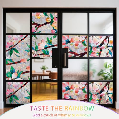 Ohhvvow Peach Blossom Stained Glass Window Film Static Cling with Tools - 17.5 x 78.7 Inch Non-Adhesive Privacy Decorative Rainbow Film for Windows, Doors, Sidelights - Easy Install & Remove - Image 5