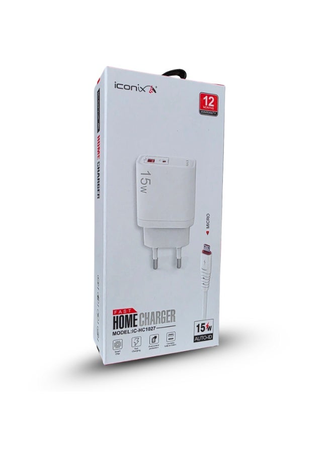 آيكونكس شاحن ثنائي من Iconix بمنفذي USB-A و USB-C مع كابل Micro، بقوة 15 واط (طراز IC-HC1027) - أبيض - Image 2