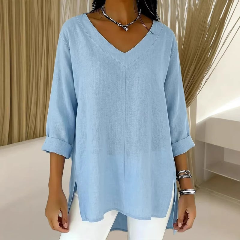 Women's Loose V-Neck Solid Ramie Cotton Blouse - Image 1