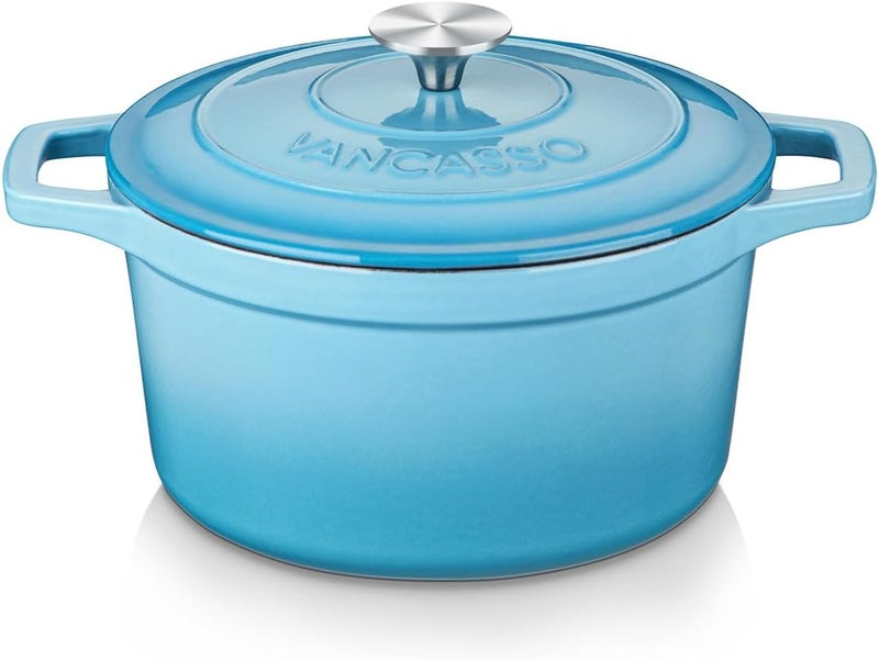 vancasso Casserole Dish, 2 Liters Blue Enamelled Cast Iron Dutch Oven with Double Loop Handle, Naturally Non-Stick Cast Iron Casserole Pot for Home Baking, Braiser, Cooking - 20cm Ergonomic build - Image 1