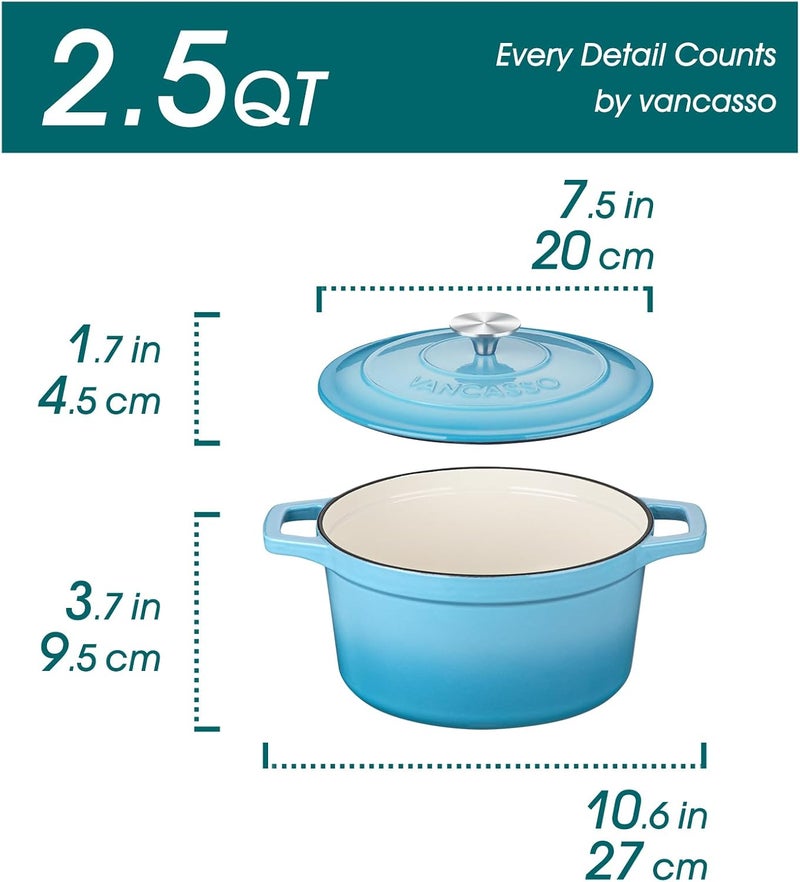 vancasso Casserole Dish, 2 Liters Blue Enamelled Cast Iron Dutch Oven with Double Loop Handle, Naturally Non-Stick Cast Iron Casserole Pot for Home Baking, Braiser, Cooking - 20cm Ergonomic build - Image 2
