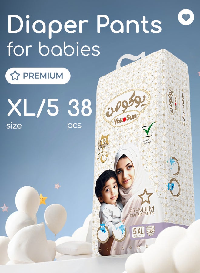 YokoSun Premium Baby Diaper Pants, Size 5 / XL (12-20 kg), 38 pcs – Ultra-Soft, Hypoallergenic Nappies, Japanese Quality for Baby Skin Care, Leakproof with 12-Hour Dryness Protection
