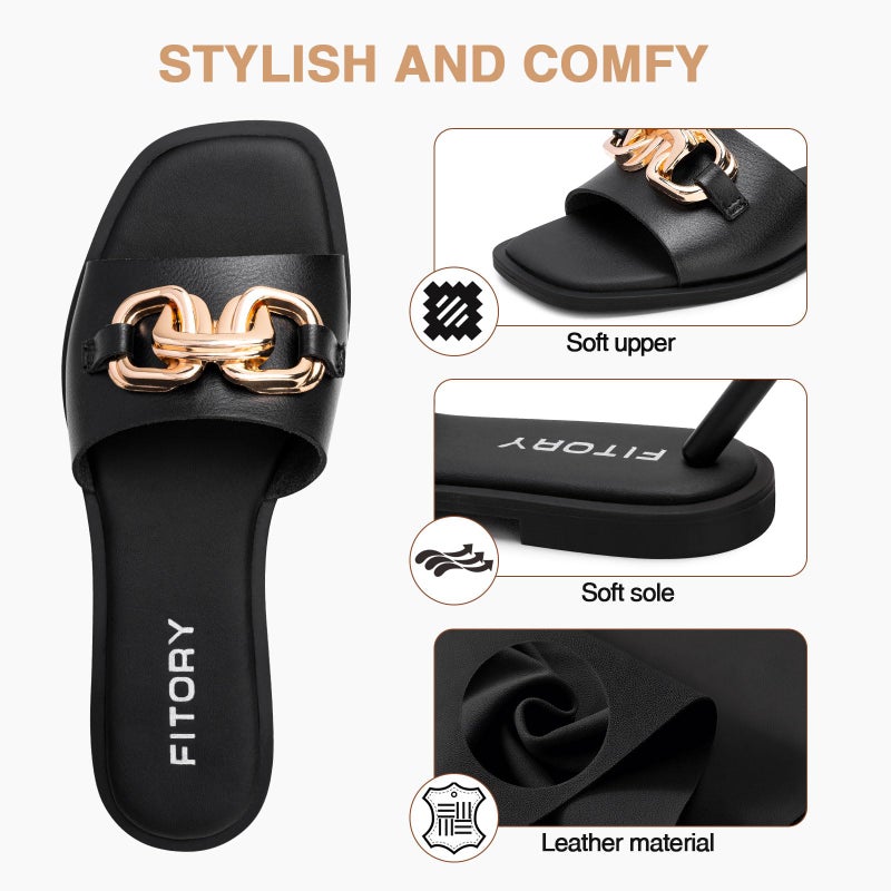 FITORY Women's Flat Sandals Fashion Slides With Soft Leather Slippers for Summer All Black Size 9 - Image 2