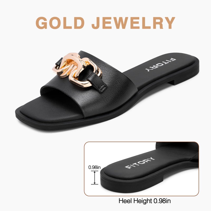 FITORY Women's Flat Sandals Fashion Slides With Soft Leather Slippers for Summer All Black Size 9 - Image 3