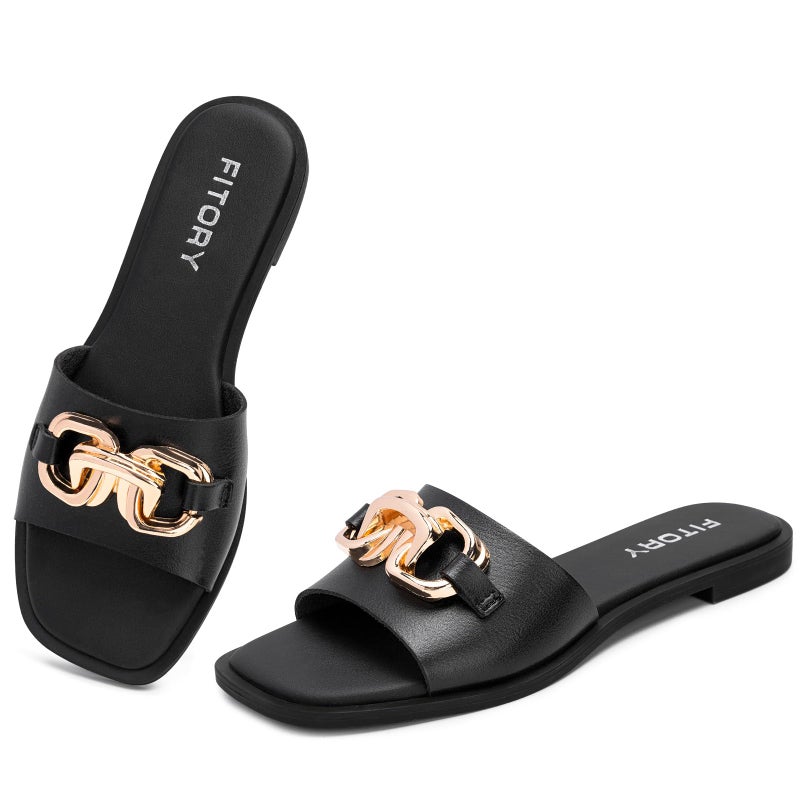 FITORY Women's Flat Sandals Fashion Slides With Soft Leather Slippers for Summer All Black Size 9 - Image 1