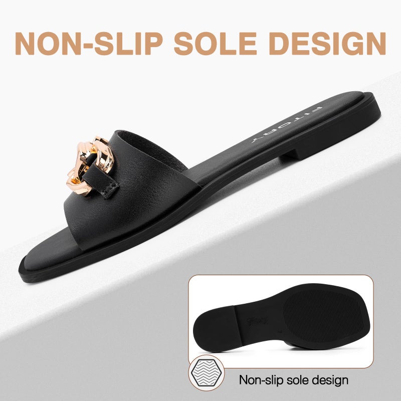FITORY Women's Flat Sandals Fashion Slides With Soft Leather Slippers for Summer All Black Size 9 - Image 4